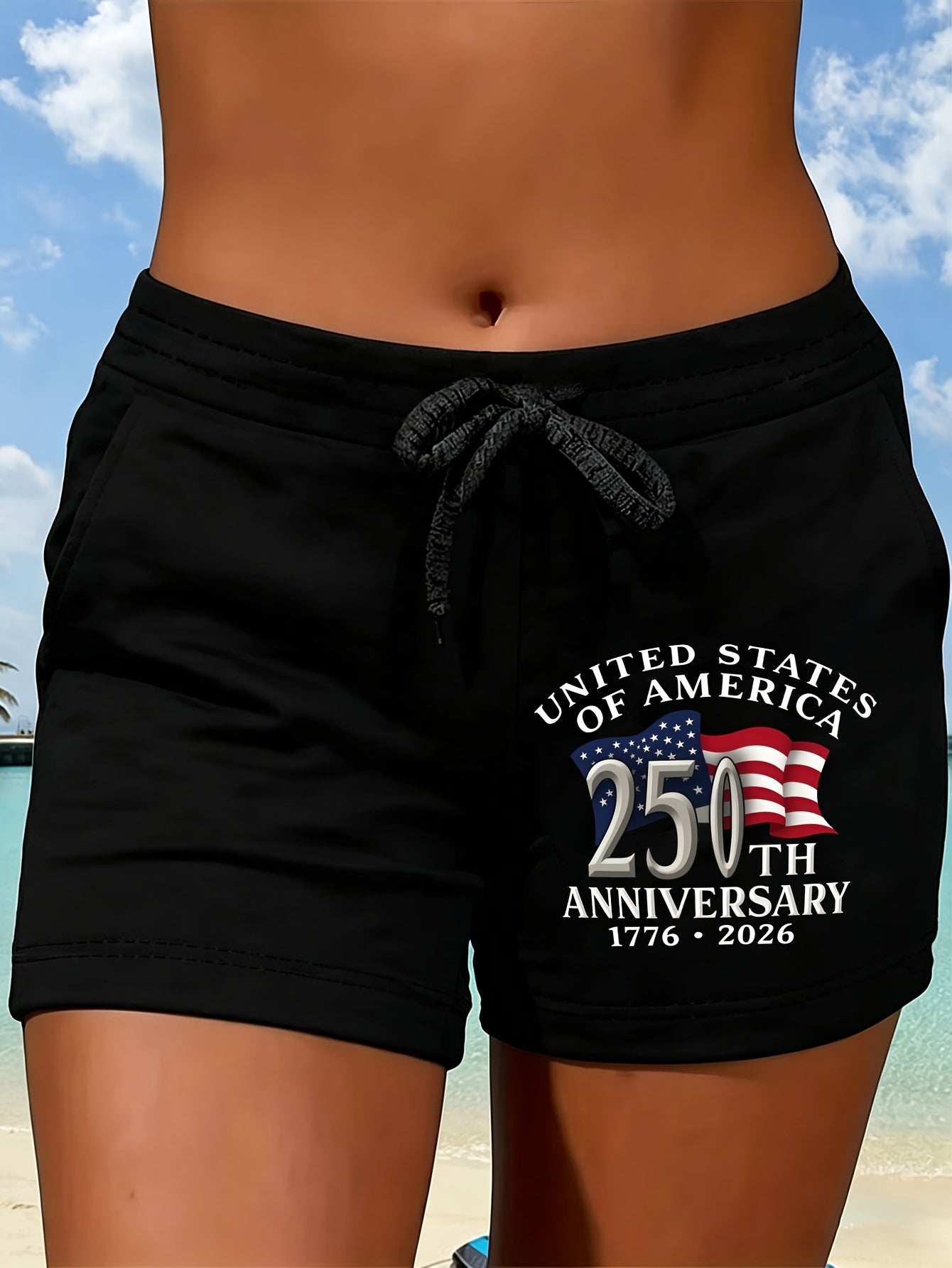 American Flag 250th Anniversary Casual Shorts, Elastic Waist Drawstring, Stretchy Lightweight Fabric for Beach, Vacation, and Casual S Machine Washable, Vacation Gear, Fun Pattern, Beachwear, Breathable Material, Enthusiast Exclusive.
