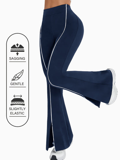 High-Waisted Slit Flared Pants with Side Lines, Elastic Pants, Retro And Versatile Casual Long Pants