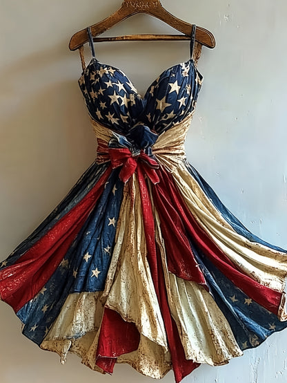 [Independence Day Style] Women's Retro Independence Day Style Camisole V-Neck Padded A-Line Waist Belted Fashion Dress
