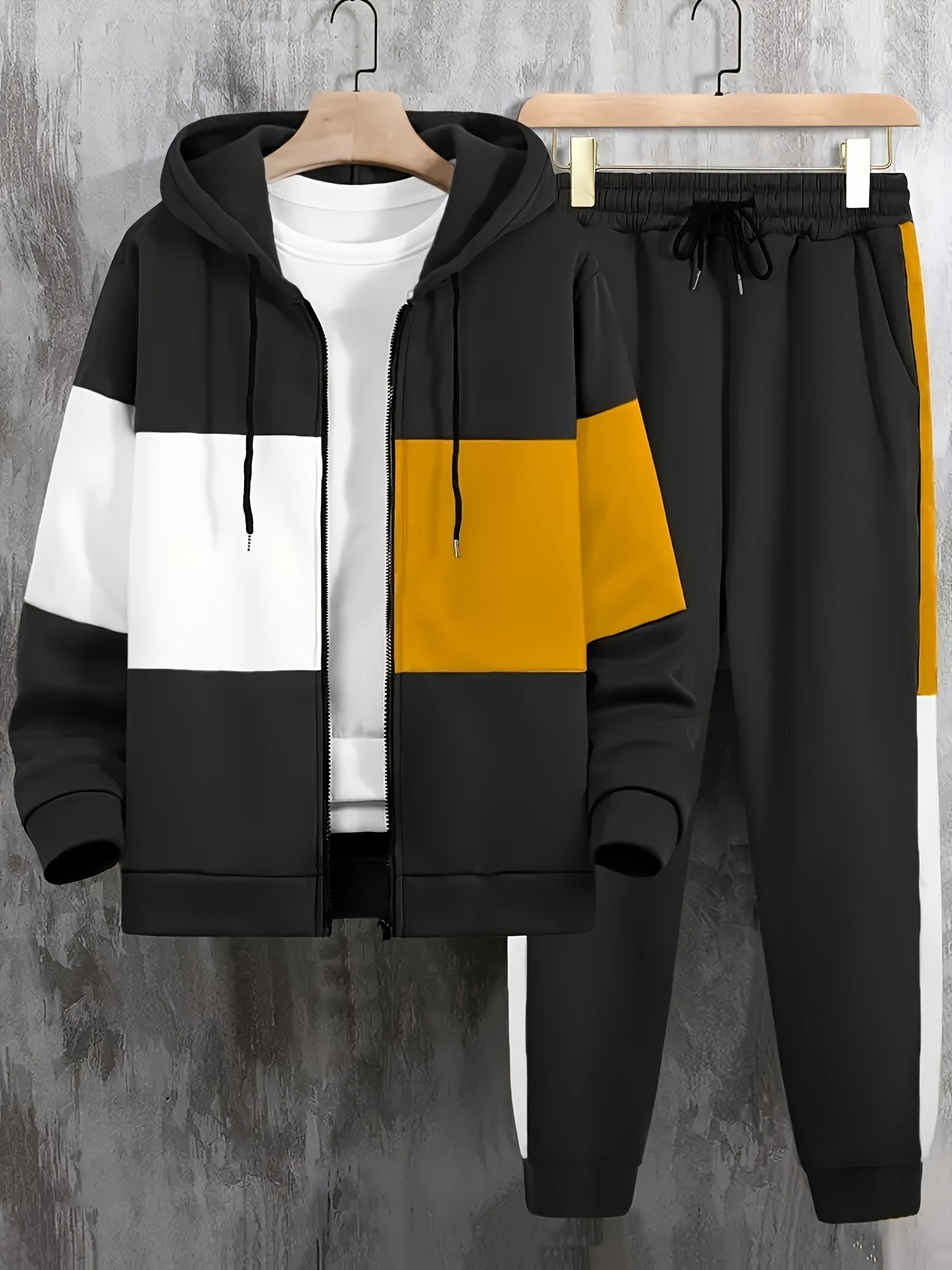 Men'S Clothing, Contrasting Long-Sleeve Zip-Up Hooded Jacket And Drawstring Pants Two-Piece Set for The Outdoors