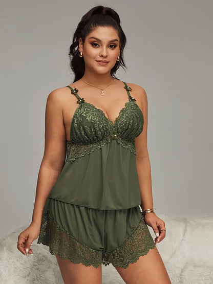 2025 Summer Plus-size Pajama For Chubby, Lace Two-piece Sexy Deep V Halter Shorts Home Wear Set