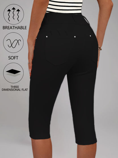 [High-Waisted Stretch Capri] Women's Deep Red High-Waisted Stretch Capri Pants Triple Row Button Fly with Metal Rivet Accents Booty Lifting Design 7/8 Length Cropped Jeans High Elasticity Soft Comfortable Machine Washable Versatile Wardrobe Essential for
