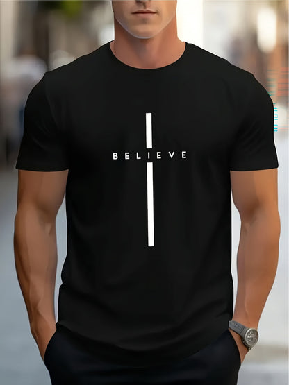 Men's BELIEVE Pattern T-Shirt- Black with White Print, Regular Fit Casual Summer Short Sleeve, Machine Washable, Street Style Design, Simple Comfortable Fabric, Lightweight Top, Trendy Streetwear Essential