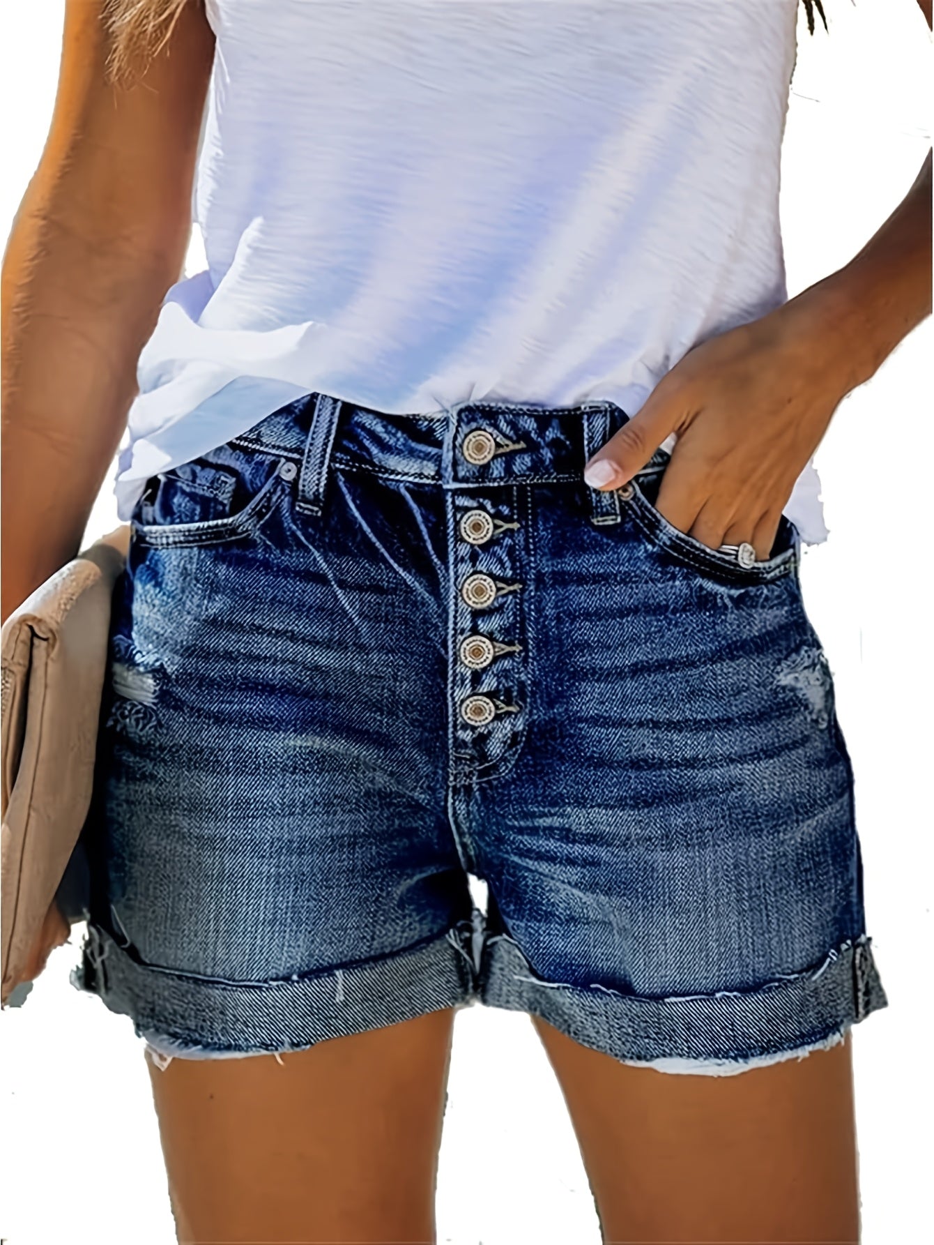 Distressed Denim Shorts for Women - Stretchy High Waisted Ripped Jean Shorts with Raw Hem, Comfortable Summer Casual Streetwear Shorts