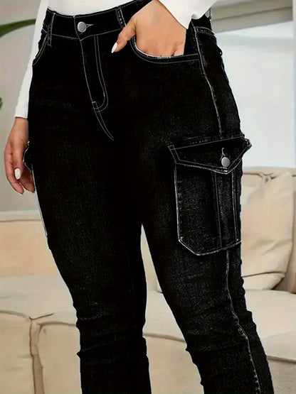 Plus Size Women'S Fashion Skinny Jeans -Comfortable Cargo Denim Pants with Side Pockets