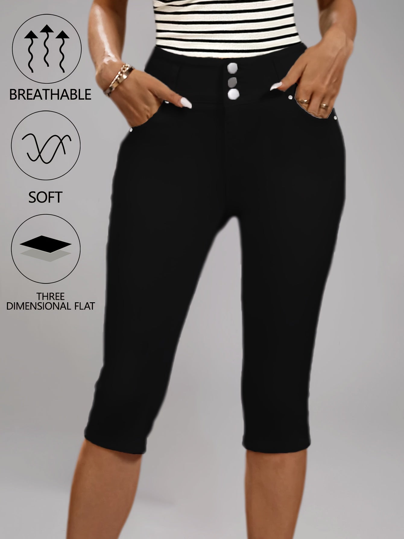 [High-Waisted Stretch Capri] Women's Deep Red High-Waisted Stretch Capri Pants Triple Row Button Fly with Metal Rivet Accents Booty Lifting Design 7/8 Length Cropped Jeans High Elasticity Soft Comfortable Machine Washable Versatile Wardrobe Essential for