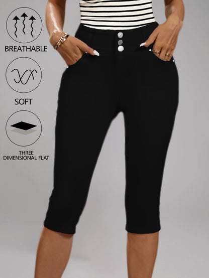 [High-Waisted Stretch Capri] Women's Deep Red High-Waisted Stretch Capri Pants Triple Row Button Fly with Metal Rivet Accents Booty Lifting Design 7/8 Length Cropped Jeans High Elasticity Soft Comfortable Machine Washable Versatile Wardrobe Essential for