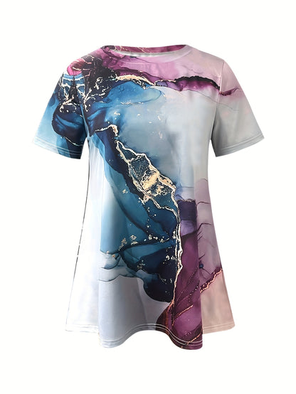 Women's Casual Short Sleeve T-Shirt - Artistic Floral Print, Relaxed Fit, Machine Washable, Spring Summer Fall Versatile Top, Casual Attire | Durable Print Shirt, Ladies T Shirts