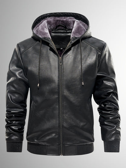 Men's Sherpa Lined PU Leather Jacket Warm Winter Hooded Motorcycle Jacket High Quality And Windproof Leather Biker Jacket Drawstring