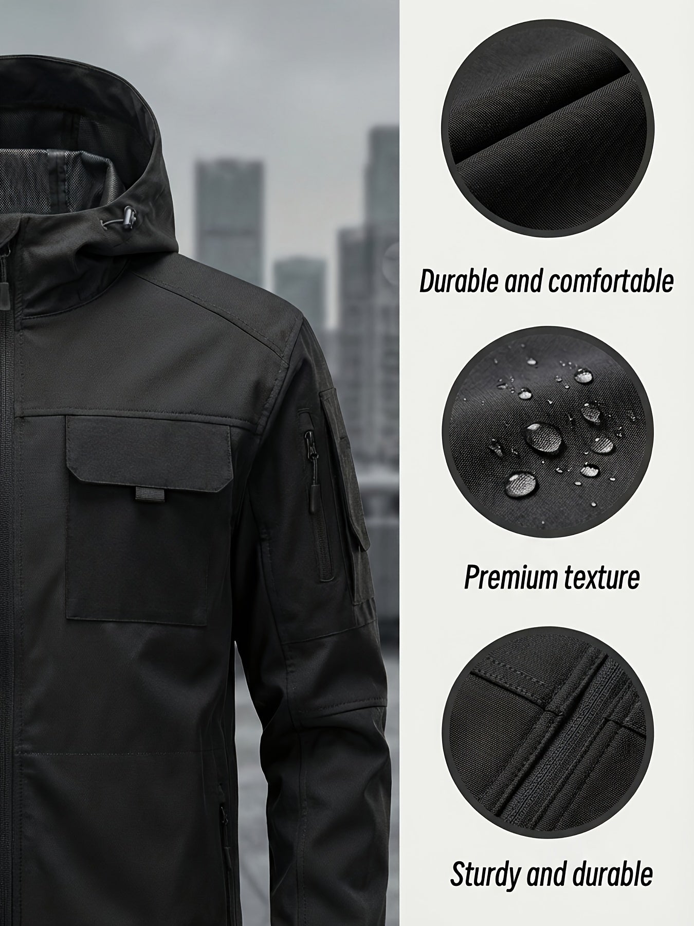 Men's Windproof Outdoor Jacket - Heavy-Duty Full-Zip Hooded Coat with Zippered Pockets, Scratch-Resistant Shell for Hiking, Camping, Hunting (Belt Included) Adjustable Hood -All-in-One Outdoor Shell Coat for Camping Essentials, Rugged Design, Durable