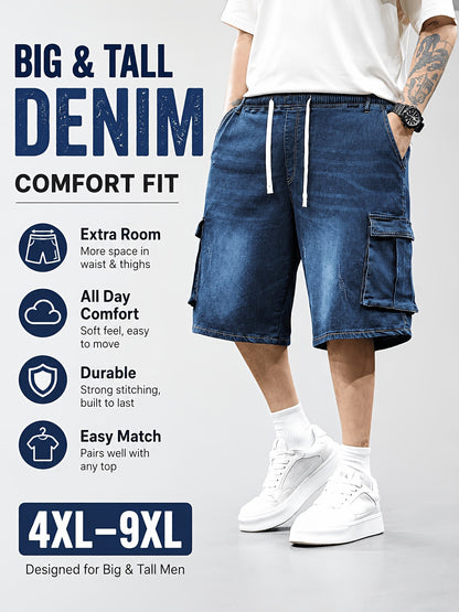 Mens Plus Size Denim Cargo Shorts, Big And Tall Elastic Waist Drawstring Jean Shorts For Men, Loose Fit Blue