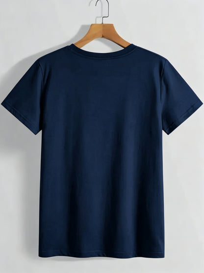 Women's Casual Short-sleeve T-shirt - Navy Blue with Daisy Floral Print, Loose-fitting Round-neck Summer Top, Machine-washable Breathable Fabric Suitable for Casual Wear, Women's T-shirt