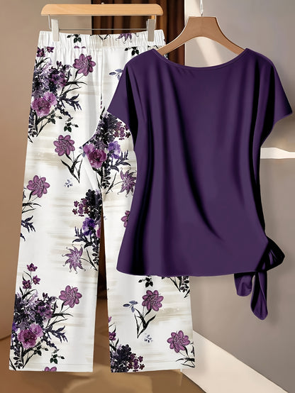 Women's Purple Lace Floral Short-Sleeve Pants - product view 5