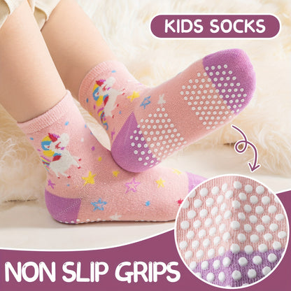 12 Pairs Of Youngsters Girls Youngsters Grips Socks Youngsters Non Slip/Anti Skid Unicorn Striped Crew Cotton Gift Socks