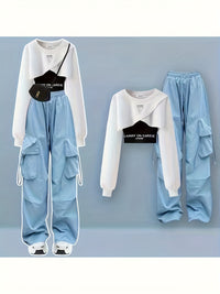 White Sweatshirt + Black Garter + Blue Work Pants