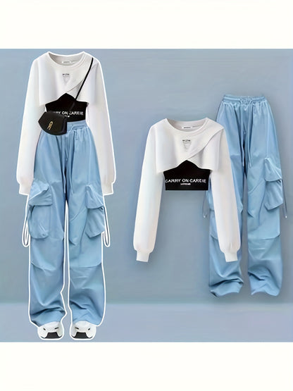 Viral Y2K 3pcs Ensemble | Cropped Hoodie, Cargo Pants, And Tank Top for Women - 2024 American Street Fashion