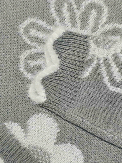 Plus Size - Plus Size - Plus Size - Women'S Plus Size V-Neck Sweater with Floral Pattern - Cozy Gray Long Sleeve Pullover, Casual Fall/Winter Wear, Relaxed Fit, Vneck Sweater