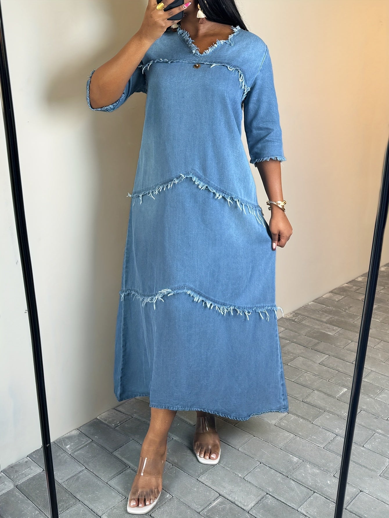 Bohemian Style Loose Denim Maxi Dress with V-Neck, 3/4 Sleeves, And Fringed Patchwork Details - Relaxed Fit, Casual, And Chic for a Stylish, Effortless Look