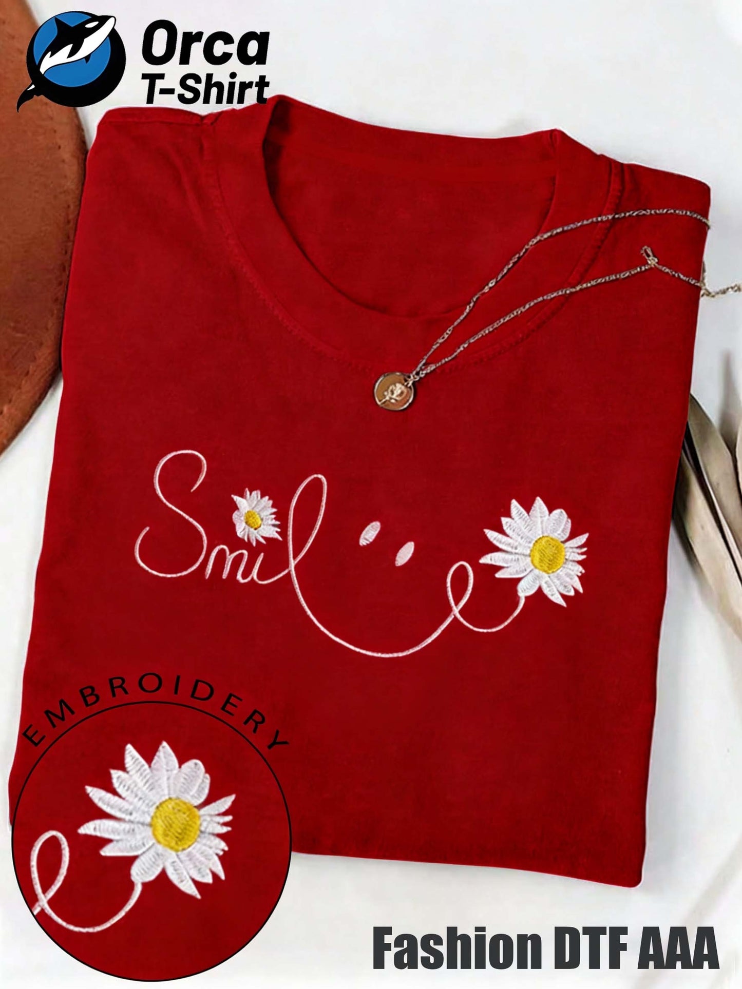 Local Delivery - Autumn Comfort Unisex T-Shirt, Smile Daisy Embroidery Print Short Sleeve T-Shirt, Thanksgiving and Christmas Gift, Holiday Celebration Apparel, Machine Washable, Women's Short Sleeve, Men's Short Sleeve, Fun and Comfortable Style