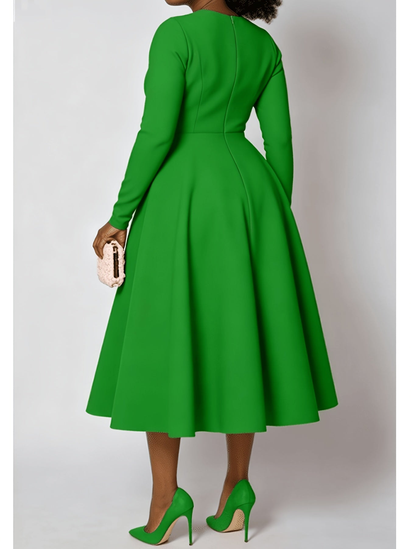 Plus Size - Plus Size Women'S Solid Color Round Neck Long Sleeve Back Pleated Flared Dress Autumn And Winter Elegant Long Dress
