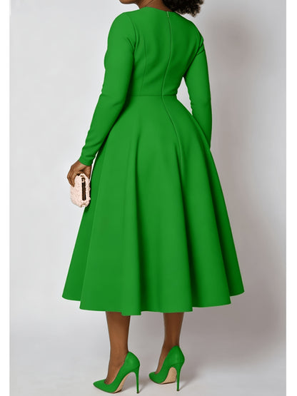 Plus Size - Plus Size Women'S Solid Color Round Neck Long Sleeve Back Pleated Flared Dress Autumn And Winter Elegant Long Dress