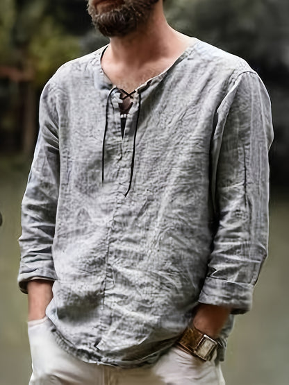 Collection of 3 Lightweight Summer Shirts for Men Featuring a Trendy Retro Design, Perfect for Casual Everyday Wear with Long Sleeves And a V-Neck Lace-Up Style
