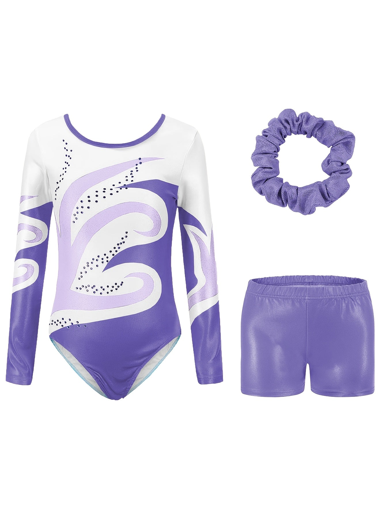 Girls' 3pcs Gymnastics Leotard Set with Geometric Pattern, Long Sleeve Bodysuit & Matching Shorts - Includes Hairband, Stretchy & Breathable Fabric for Dance Training, Perfect for Outdoor, All Seasons, Gift for Back-to-School Season
