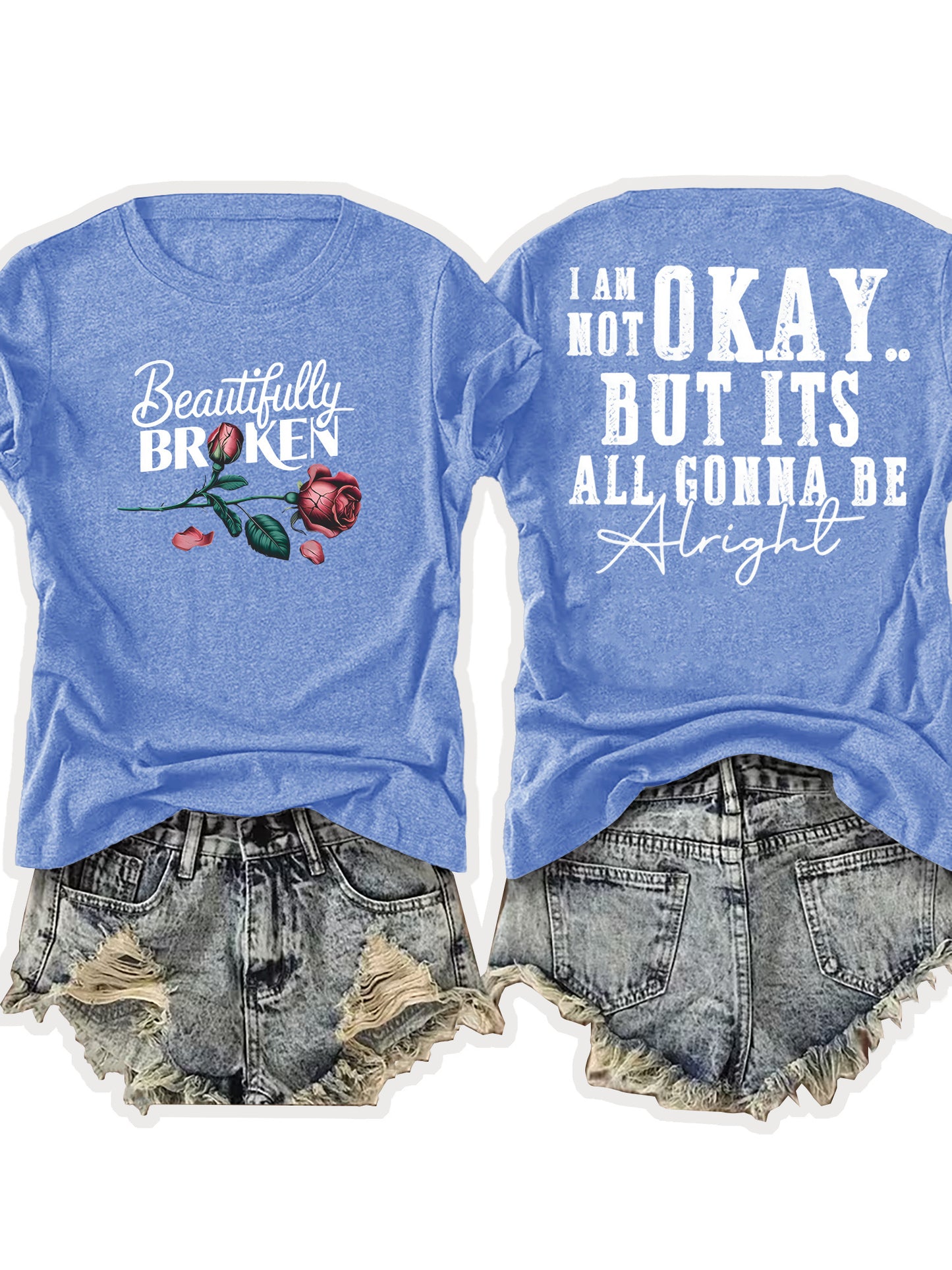 Ladies' European-Style Round Neck Short Sleeve T-Shirt for Summer, Lightweight and Breathable, Front and Back with Stylish Floral Prints and 'Beautifully Broken' Text, Perfect Comfort Fit for Daily Wear, A Versatile and Chic Choice for Laid-Back