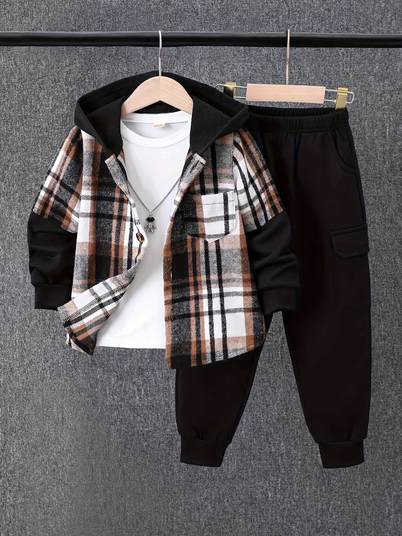 2pcs, Autumn And Winter New Boys' Long-Sleeve Plaid Cardigan Suit Boys' Puff Hooded Jacket Boys' Fashion Work Pants, for Outdoor