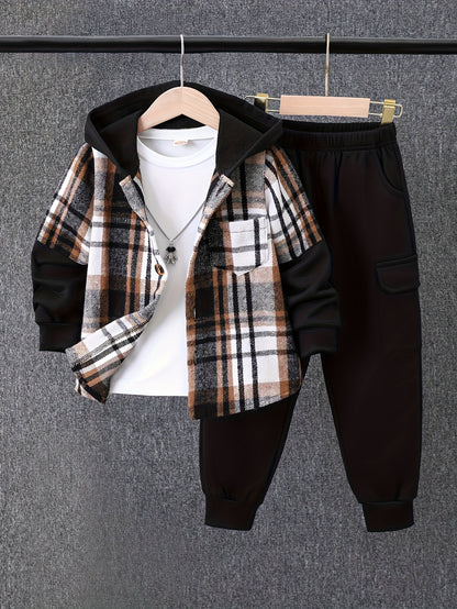 2pcs, Autumn And Winter New Boys' Long-Sleeve Plaid Cardigan Suit Boys' Puff Hooded Jacket Boys' Fashion Work Pants, for Outdoor