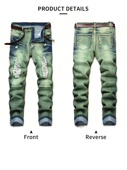 European And American Fashion Trends! Men's Slim Fit Jeans with Trendy Distressed Design, Elastic Fabric, Slim Fit with Elasticity, Street Style Pants, Suitable for All Seasons