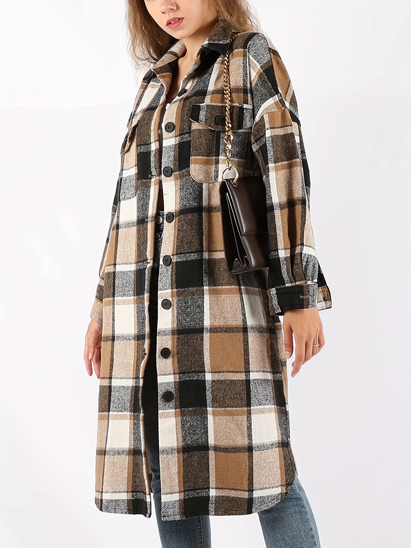 Womens Casual Plaid Button Long Puff Sleeve Long Trench Coats Shackets
