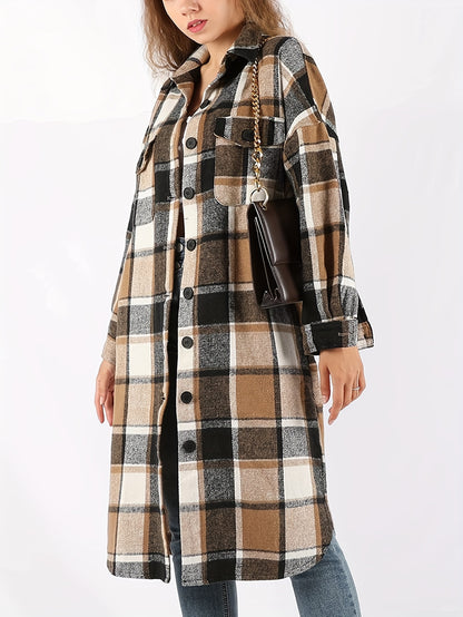 Womens Casual Plaid Button Long Puff Sleeve Long Trench Coats Shackets