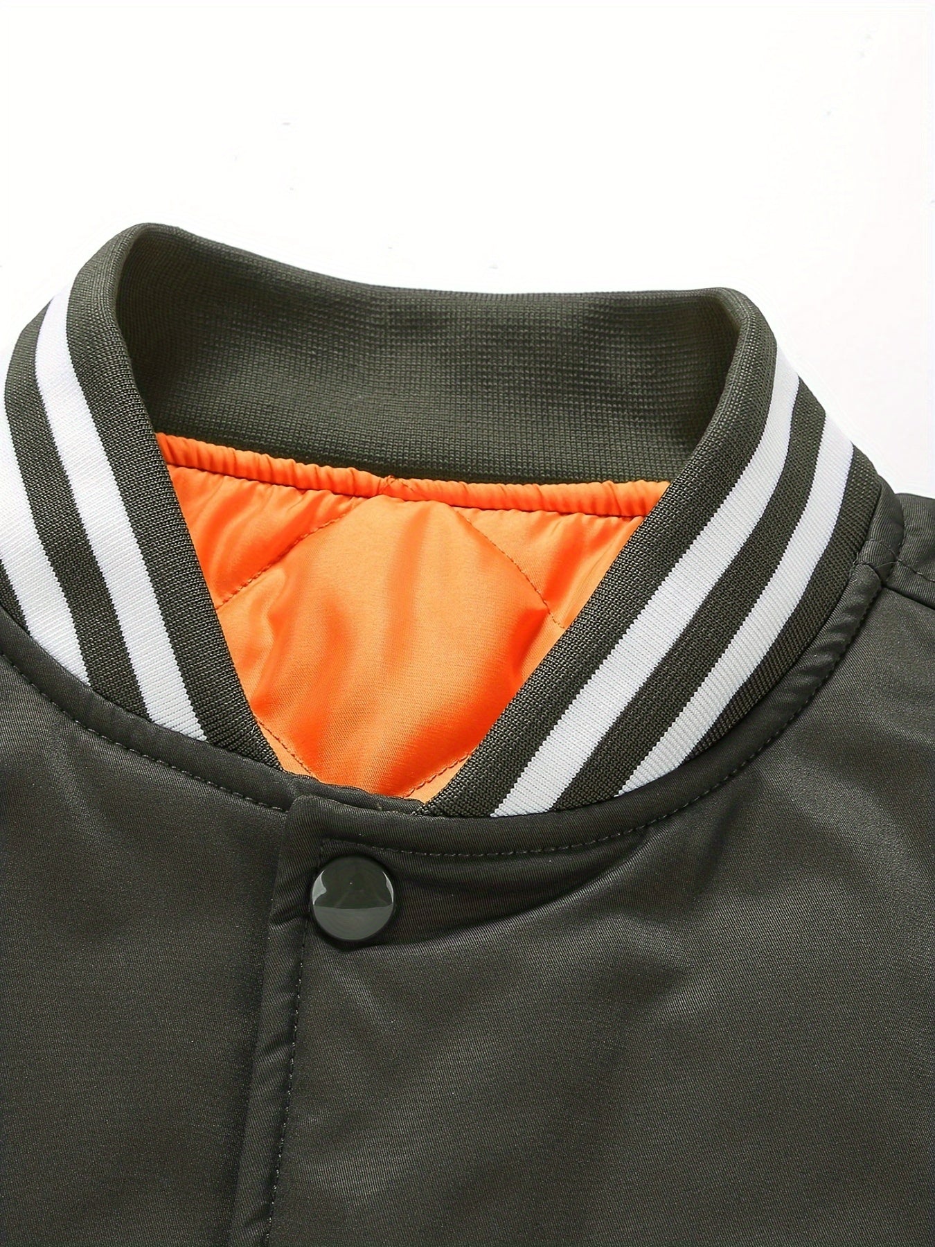 Men'S Plus Size Olive Green Varsity Jacket with Orange Accents - Thick, Warm, and Stylish for Fall/Winter, Baseball Collar, Button-Up Front, Side Pockets, Casual & Outdoor Wear, PLUS SIZE