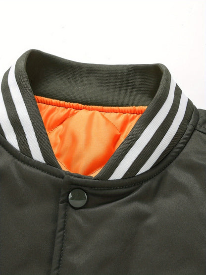 Men'S Plus Size Olive Green Varsity Jacket with Orange Accents - Thick, Warm, and Stylish for Fall/Winter, Baseball Collar, Button-Up Front, Side Pockets, Casual & Outdoor Wear, PLUS SIZE
