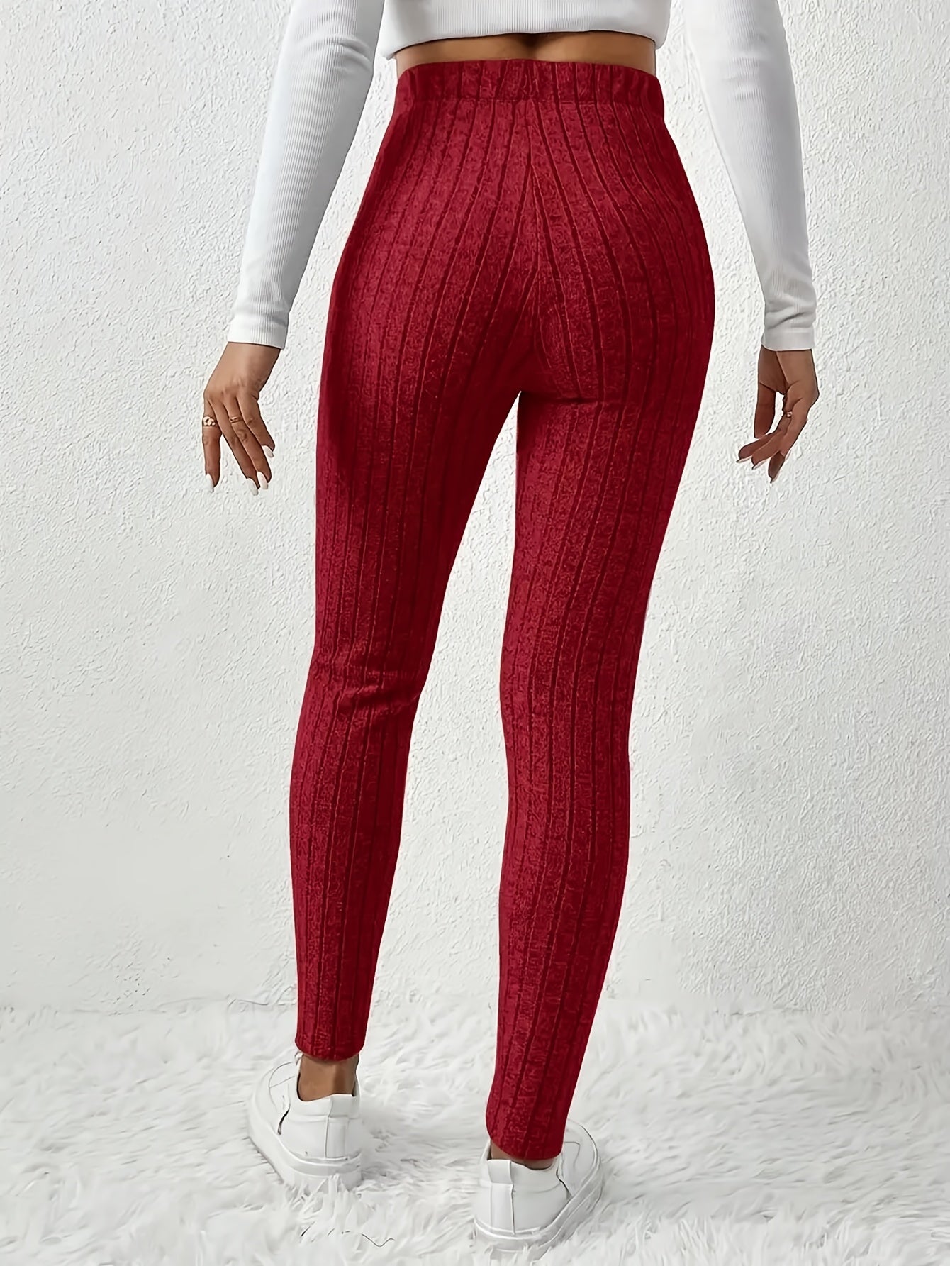 Women'S High - Waist Ribbed Leggings - Stretchy Slim Fit, Drawstring Detail, Casual Solid Color Pants for All Seasons
