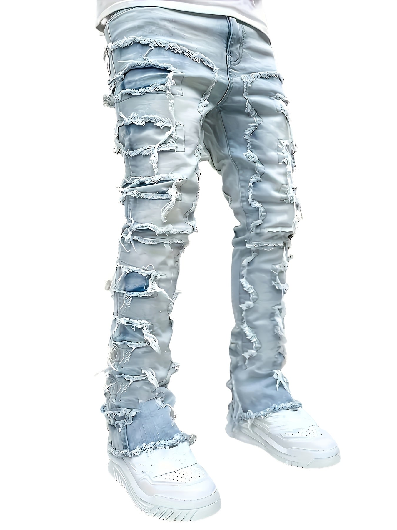 Men's Slim-Fit Stretch Jeans with Fringe Tassel decoration - Hip-Hop Skateboard Style Straight Pants, Washed Denomination for all- Wear (Machine Washable, Urban Streetwear) - Comfortable & Trendy for Skating & Everyday