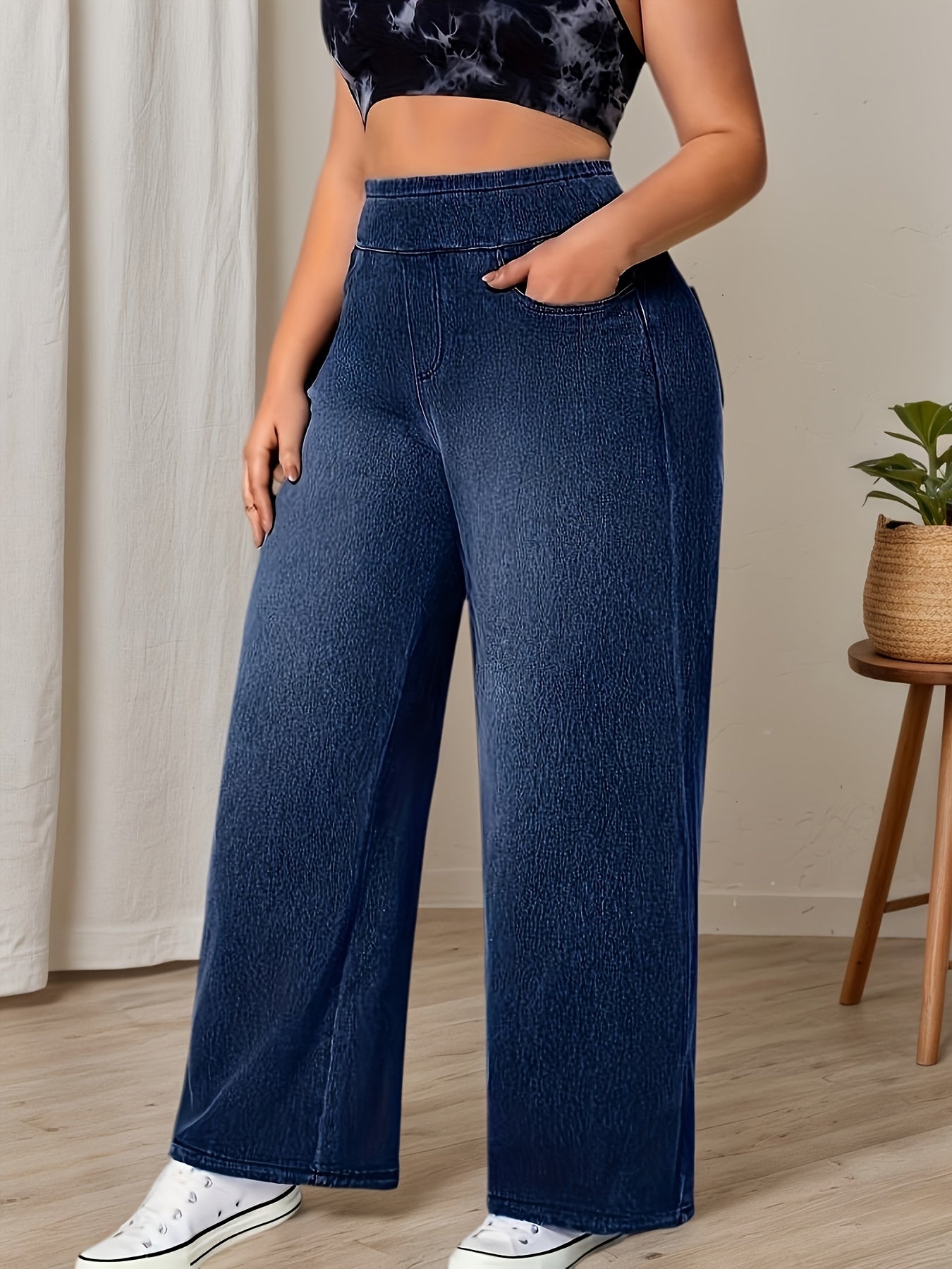 Women's Plus Size High-Waisted Wide-Leg Denim Pants - Stretch Elastic Waistband Beltless -Line Trousers, Wash-Finished Solid Blue Jeans Suitable for All-Season Casual Wear, Office, Everyday Outfits (Machine Washable)