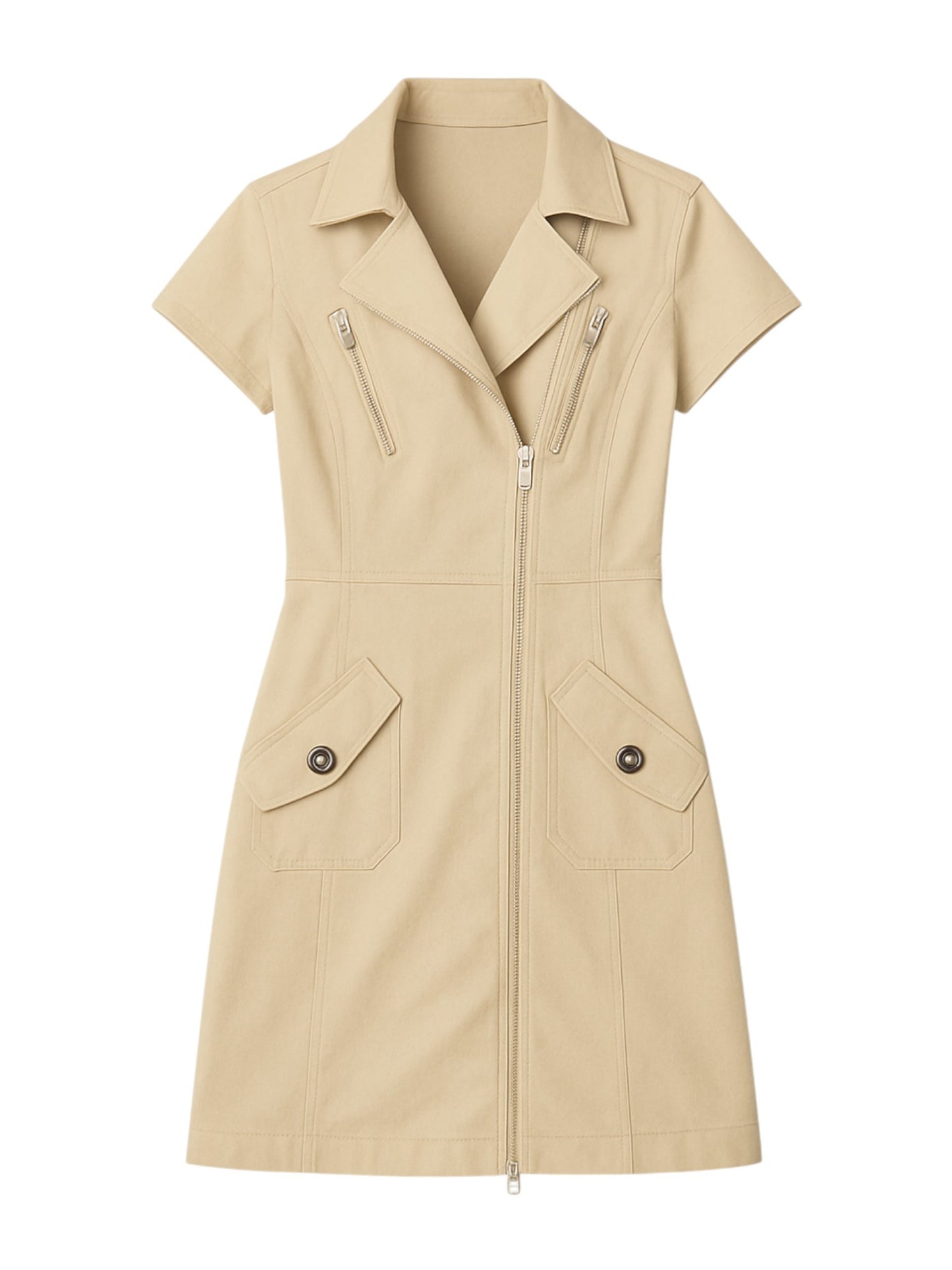 Women's Short Sleeve Zip-Up Utility Dress with Functional Front Pockets and Stylish Notched Collar – Lightweight and Breathable Fabric – Modern Tailored Fit for Casual, Work, or Weekend Wear – Versatile Shirt Dress Style with Full-Length Zipper and Define