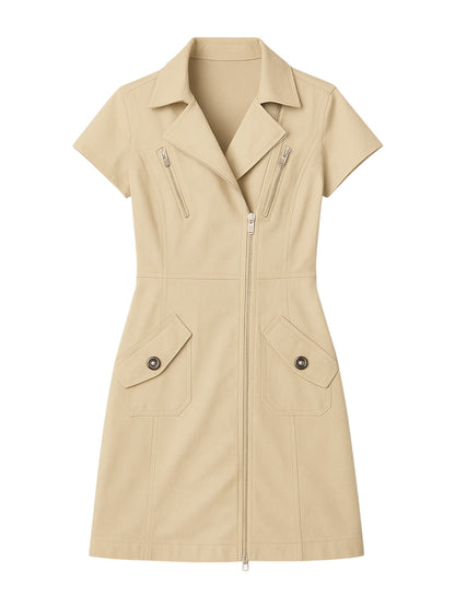 Women's Short Sleeve Zip-Up Utility Dress with Functional Front Pockets and Stylish Notched Collar – Lightweight and Breathable Fabric – Modern Tailored Fit for Casual, Work, or Weekend Wear – Versatile Shirt Dress Style with Full-Length Zipper and Define