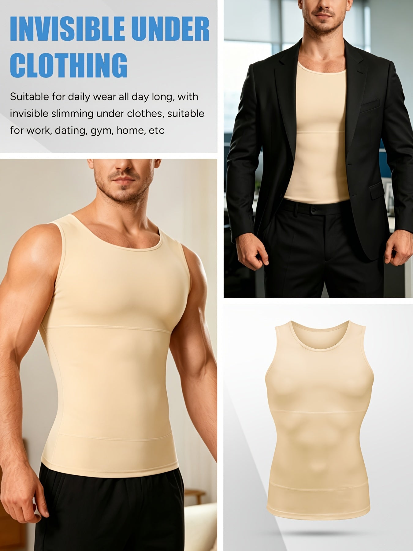 Men' Compression Shirt & Body Shaper Vest - High-Elastic Workout Tank Top with Abdominal Toning, Tight-Fit Shirt Suitable for Gym, Post-Surgery, Year-Round Wear, Solid Color Round Neck Undershirt