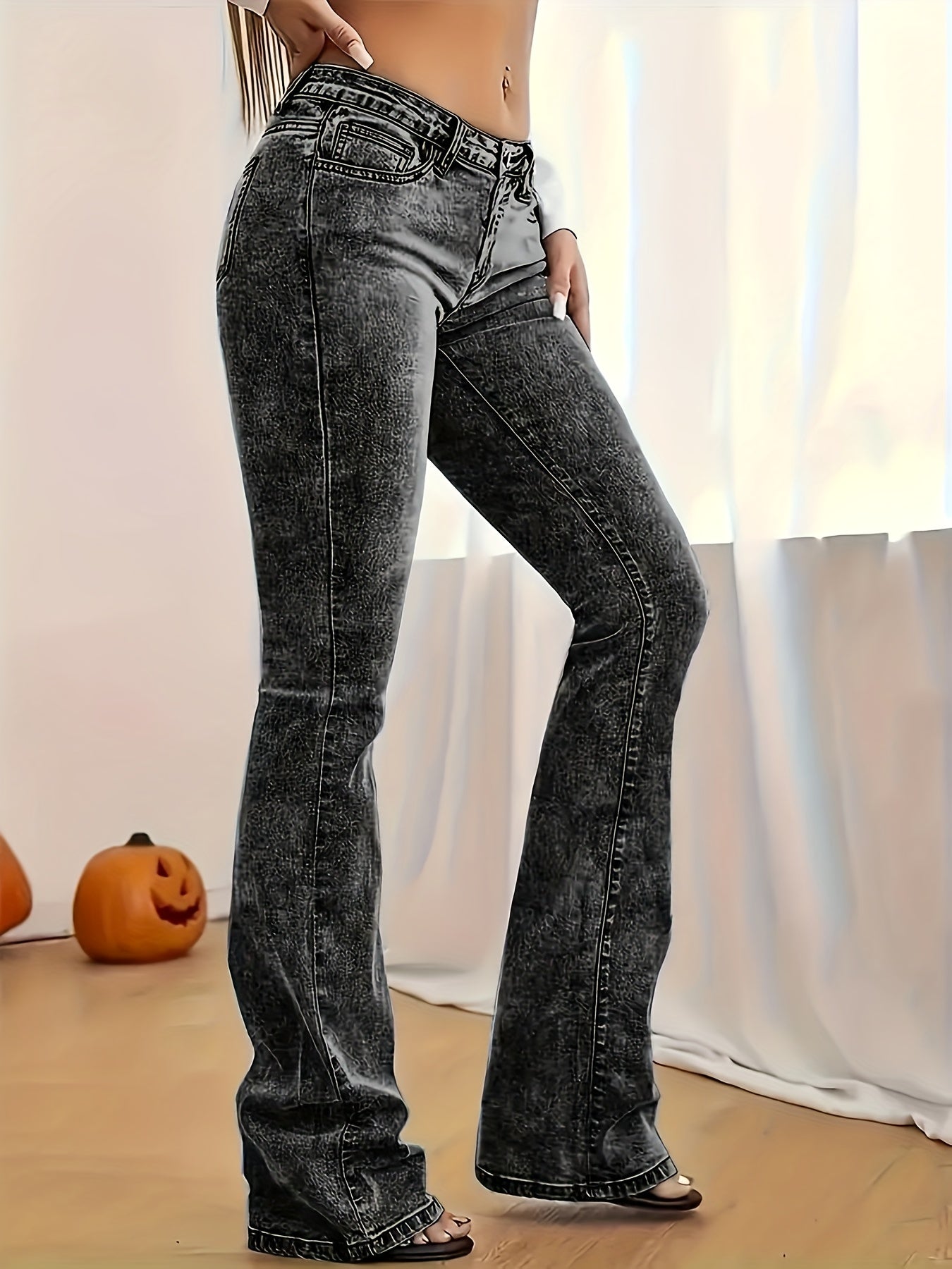 2026 NEW [Long Length Skinny Flare Jeans] Women'S Casual Skinny Flare Jeans, Long Length, Low Waist, Button Fly, Medium Stretch, All Seasons, Solid Color