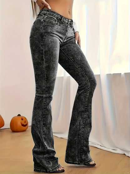 2026 NEW [Long Length Skinny Flare Jeans] Women'S Casual Skinny Flare Jeans, Long Length, Low Waist, Button Fly, Medium Stretch, All Seasons, Solid Color