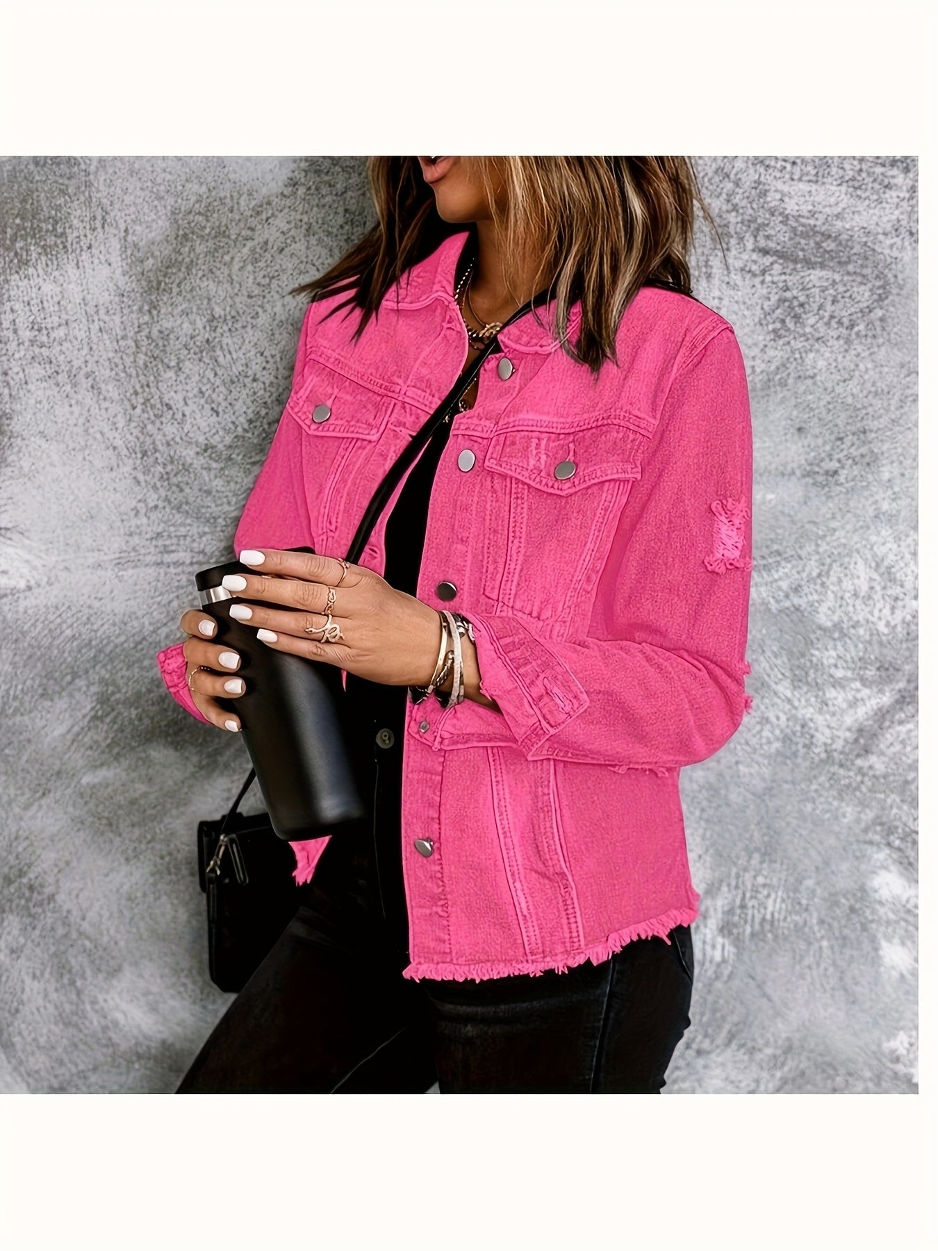 Women's Ripped Washed Button-Up Denim Jacket Coat with Pockets, Casual Classic Distressed Denim Outerwear TZ001