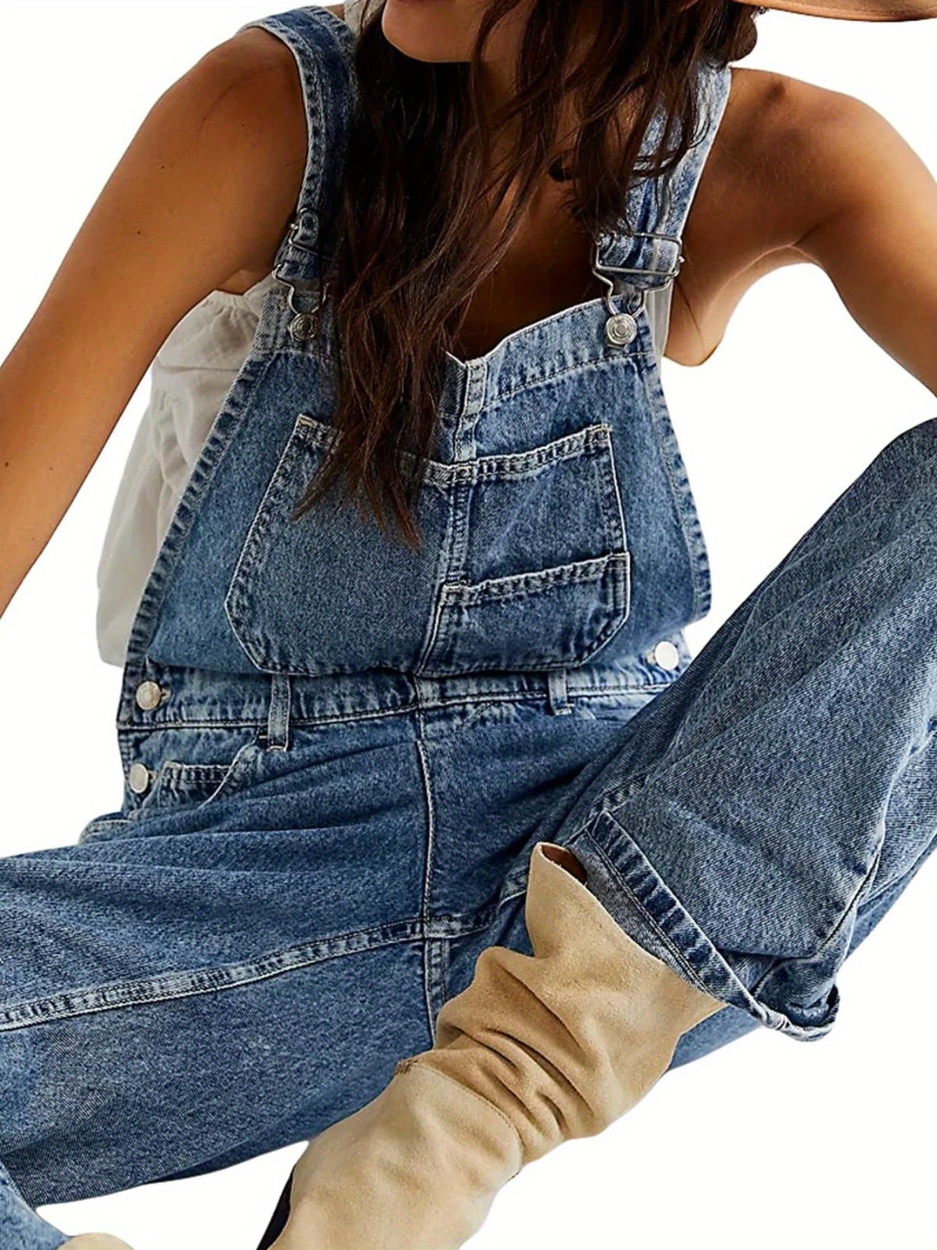 [Denim Bib Overalls] 1pc Women's Denim Bib Overalls Jumpsuit - Loose Fit, Straight Wide Leg Baggy Jean Style with Pockets, Machine Washable Casual Spring Summer Fall Outfit, Sizes S-XXL