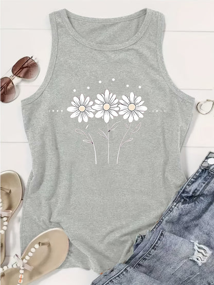 [Lightweight Summer Tops] Flower Pattern Print Crew-Neck Vest, Casual Sleeveless Women's Tops, Lightweight And Breathable, Suitable For Summer And Spring, Women's Clothing