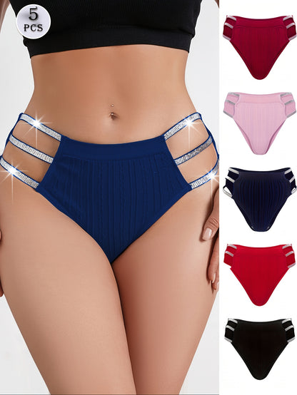 5pcs Ladies Sexy Hollowed Out Triangle Panties, Shiny Waistband Mix 5 Colours Fashion Trend Low Waist Underwear, Mature And Elegant Comfortable Soft And Breathable High Elasticity Brief