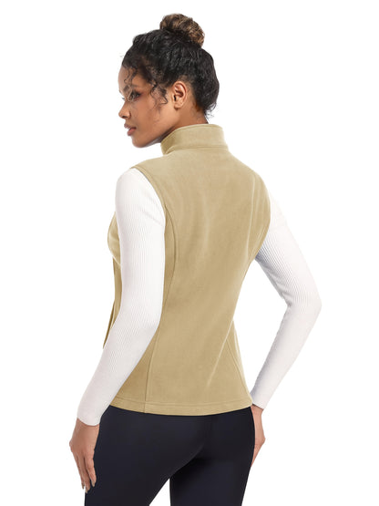 Women'S Fleece Zip Vest Lightweight Warm Sleeveless Jacket Stand Up Collar Windproof Soft Outerwear Vest with 4 Pockets Elastic Armholes for Camping Riding Office Outdoor Party Spring Fall Winter
