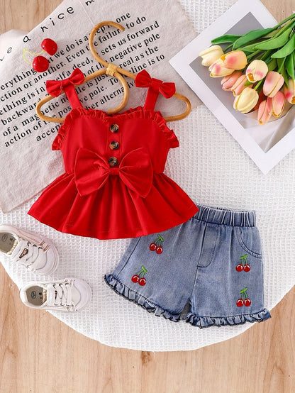 2pcs Baby Girl Summer Outfit Set, 3D Bow Ruffle Peplum Camisole Top, Cherry Embroidered Denim Shorts, Toddler Infant Girls Casual Outfit for Outdoor Sports, Travel & Photo Shooting, 1 Set Random Shipment