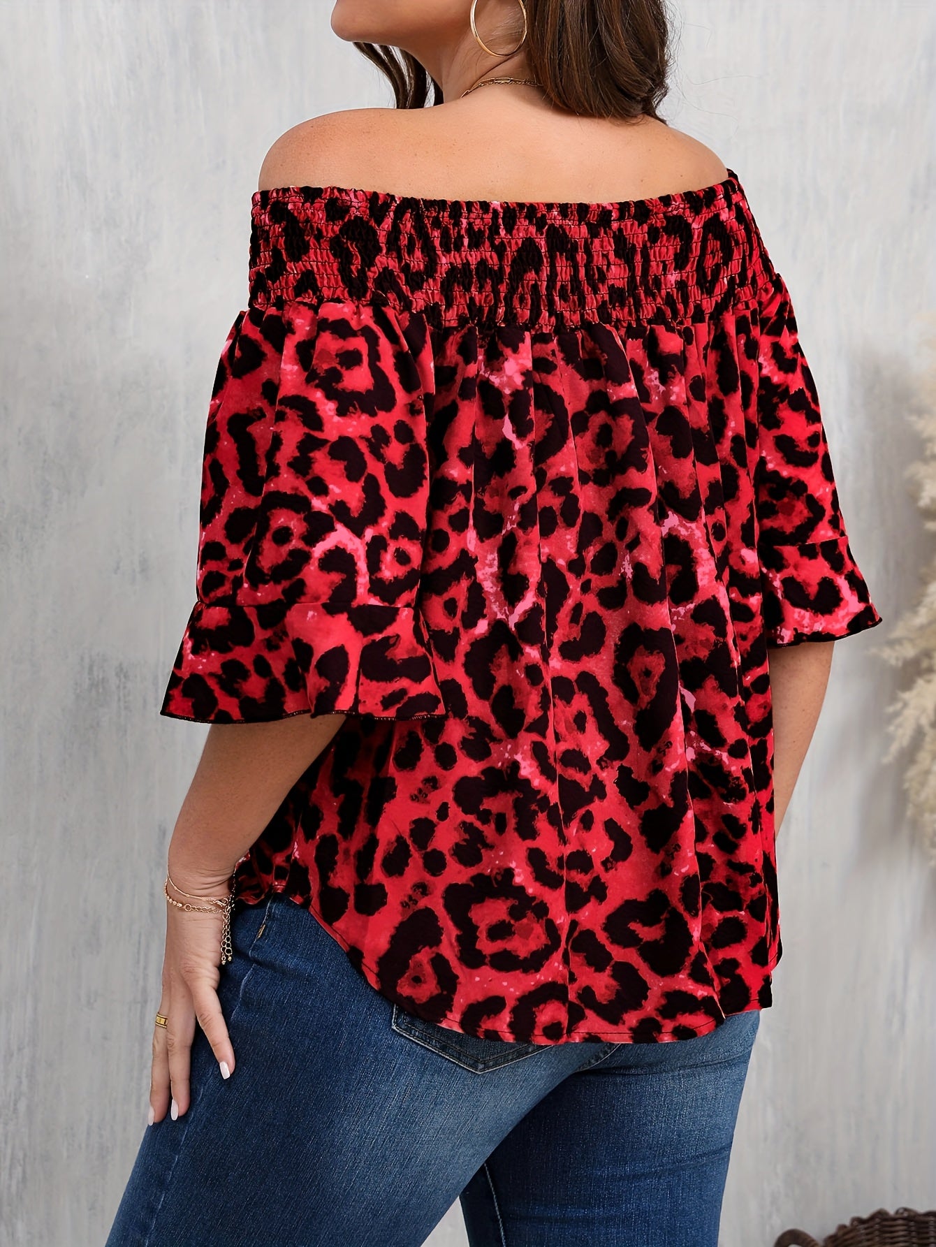 Women's Plus Size Leopard Print Off-Shoulder Blouse with Ruffled Sleeves - Vibrant Red Casual Chic Top, Machine Washable All-Season Shirt for Casual Attire, Relaxed Fit Shirt | Ruffled Sleeves Top | Nonstretch Fabric